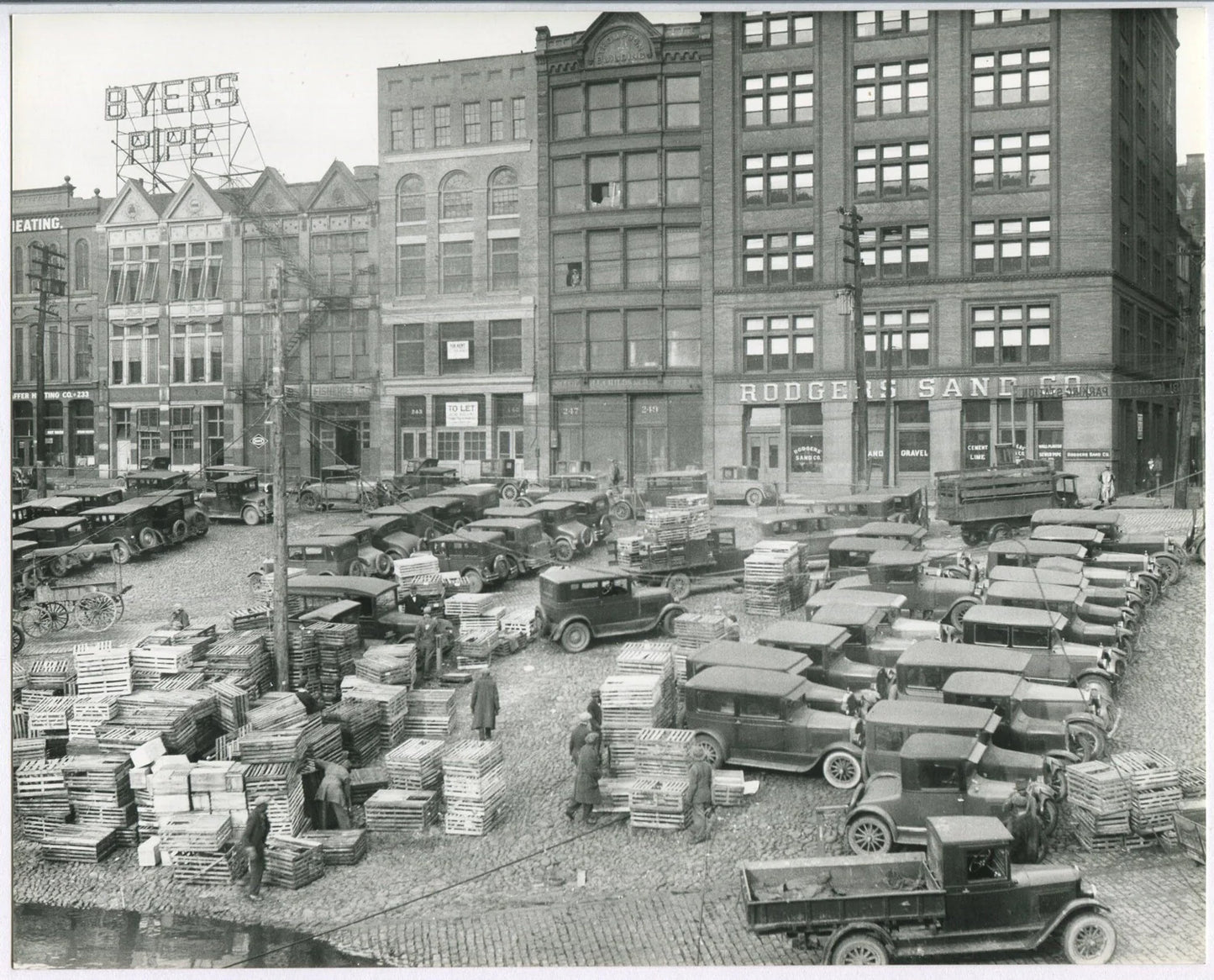 PITTSBURGH, PA. MONONGAHELA RIVER PARKING/BUSINESS. 8X10 FROM 1920-30 GLASS NEG.