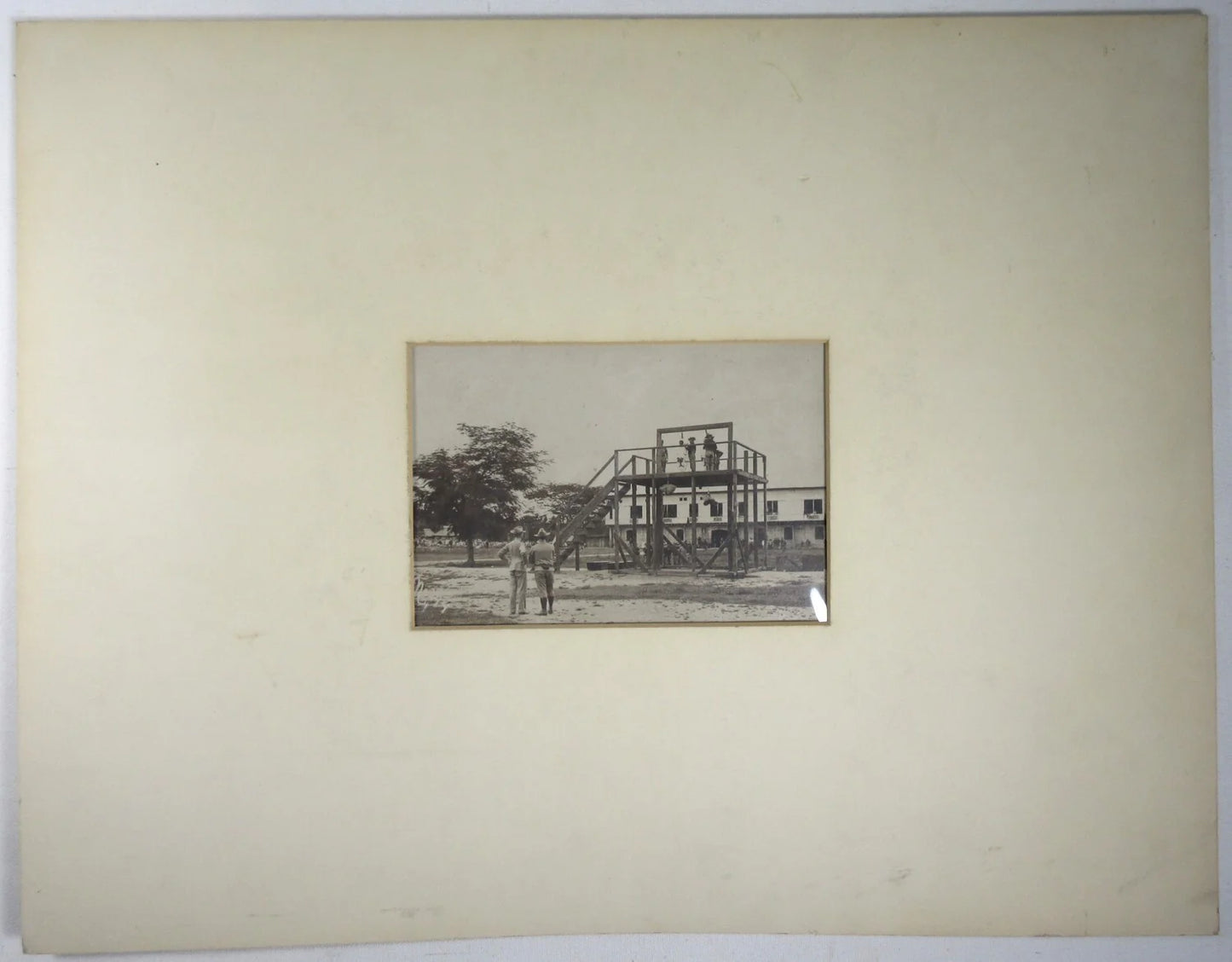 MILITARY GALLOWS, HANGING OF TWO MEN. 5X7 B&W ON 7X9 CARD.