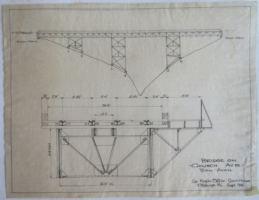 CHURCH AVE BRIDGE, BEN AVON, PA. ENGINEER SPEC. 1921. ORIGINAL PEN&INK DETAIL.