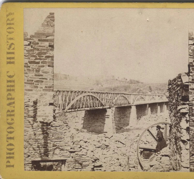 Vintage Civil War era stereoview: Young man watching Chain Bridge photo