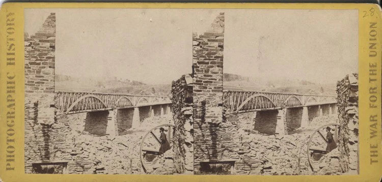 Vintage Civil War era stereoview: Young man watching Chain Bridge photo