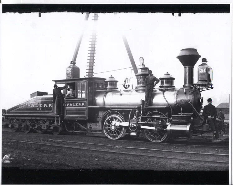 8X10 REPRINT OF P&LE RR LOCOMOTIVE 31 W/ WORKERS, 1888