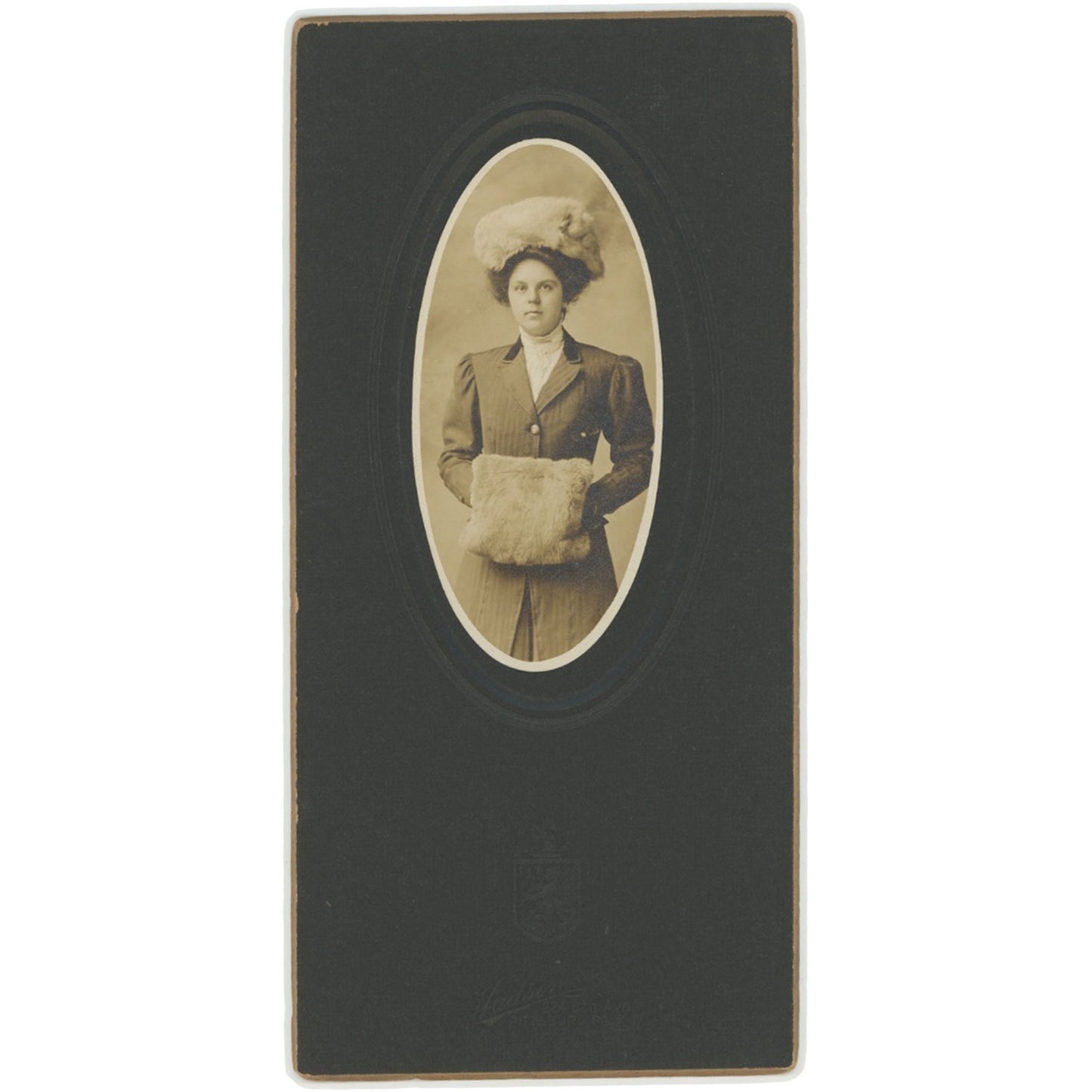 Stunning Vintage Photo Portrait - Woman in Fur Hat & Hand Muff, Oval Mounted