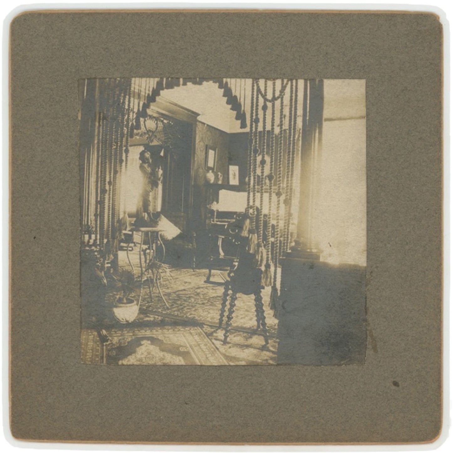 Vintage 1900s Victorian Room Photo - Square-Mounted Print with Statue, Plant