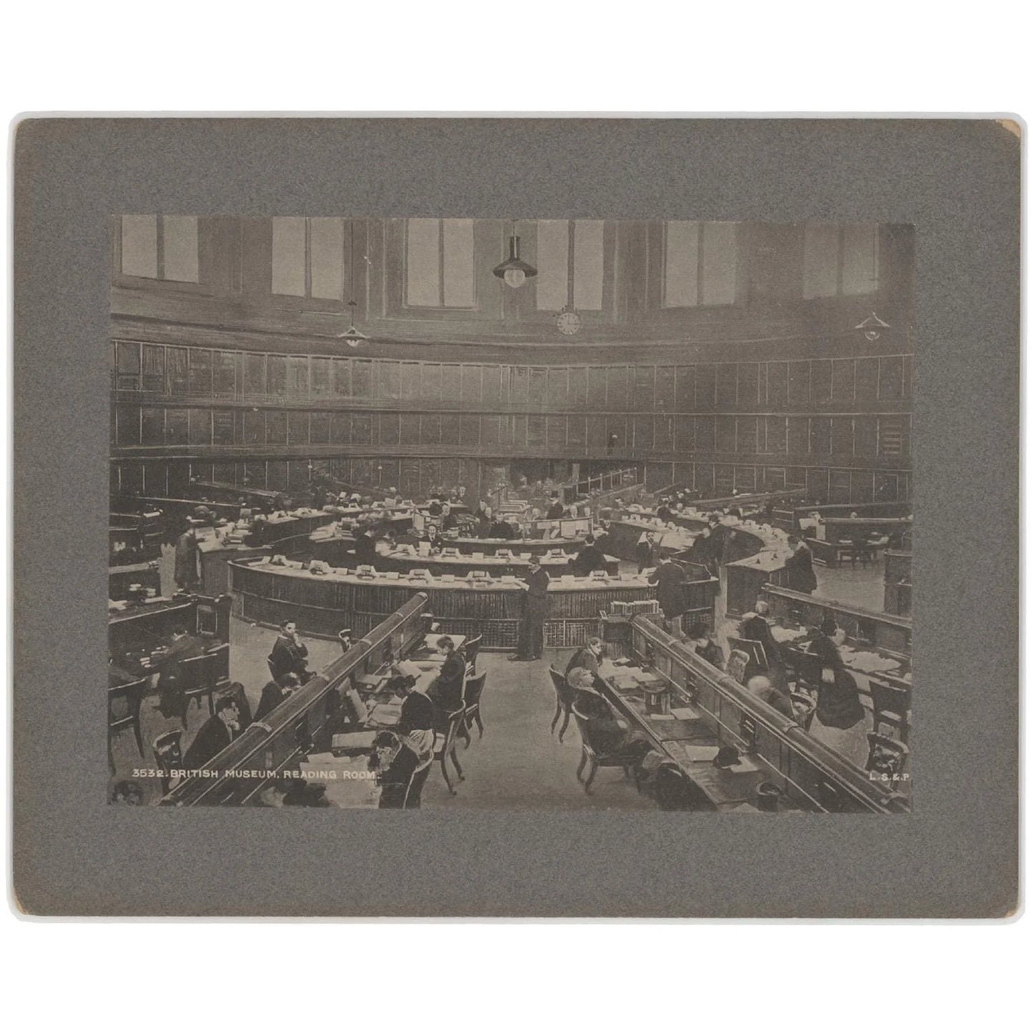 Antique 1887 British Museum Reading Room Photograph - Scholars & Books, London Library Scene, Mounted Albumen