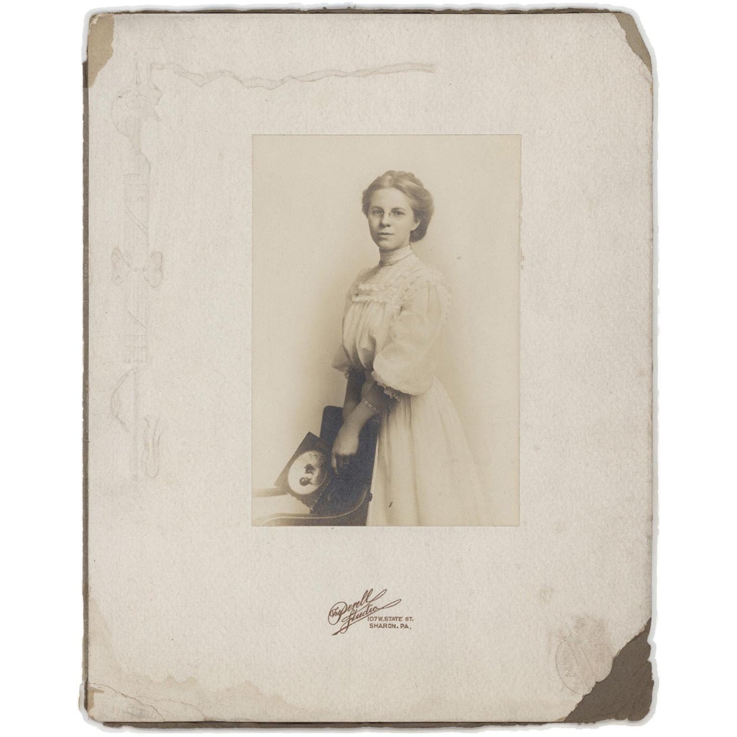 Antique Portrait of Young Woman w Glasses Holding Photo, Powell Studio Sharon PA, Mounted