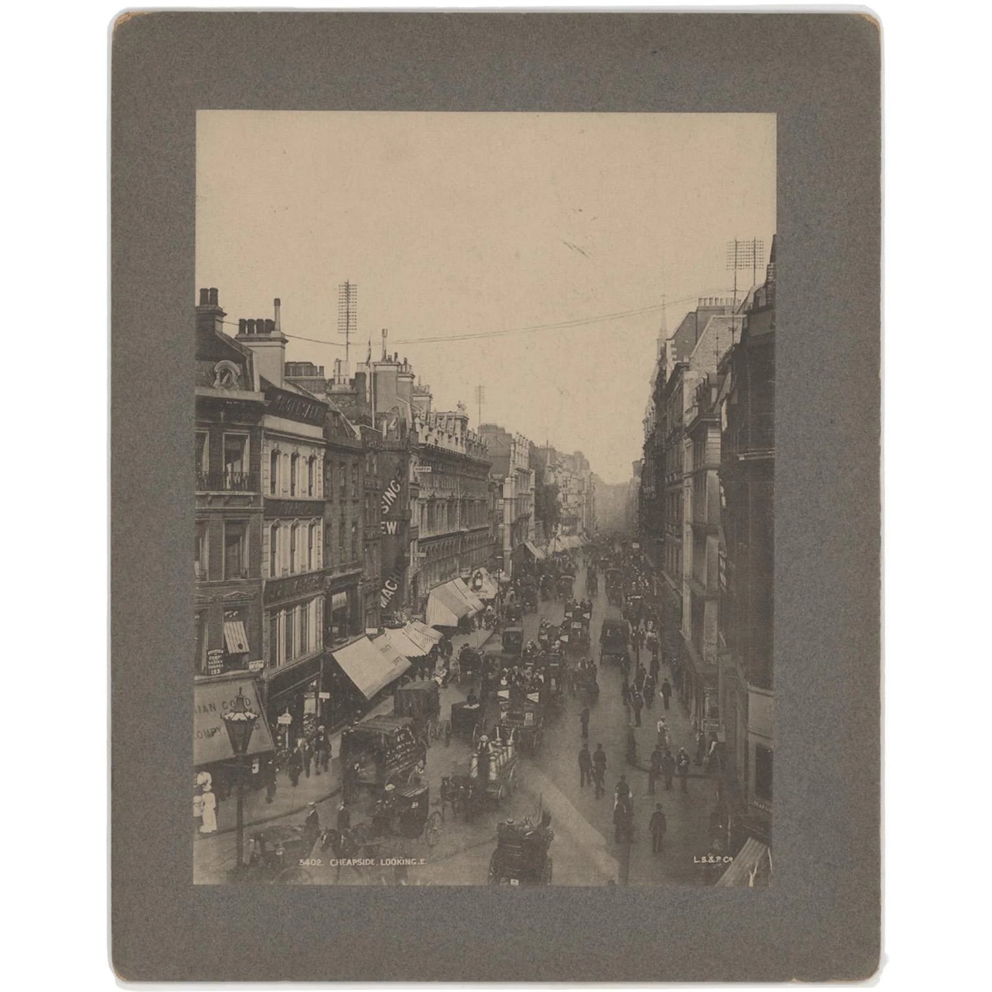 Antique 1887 Albumen Photograph of Cheapside, London w/ Poem Manuscript on Reverse - L.S.&P. Co. Historic Street Scene, Horse-Drawn Carriage