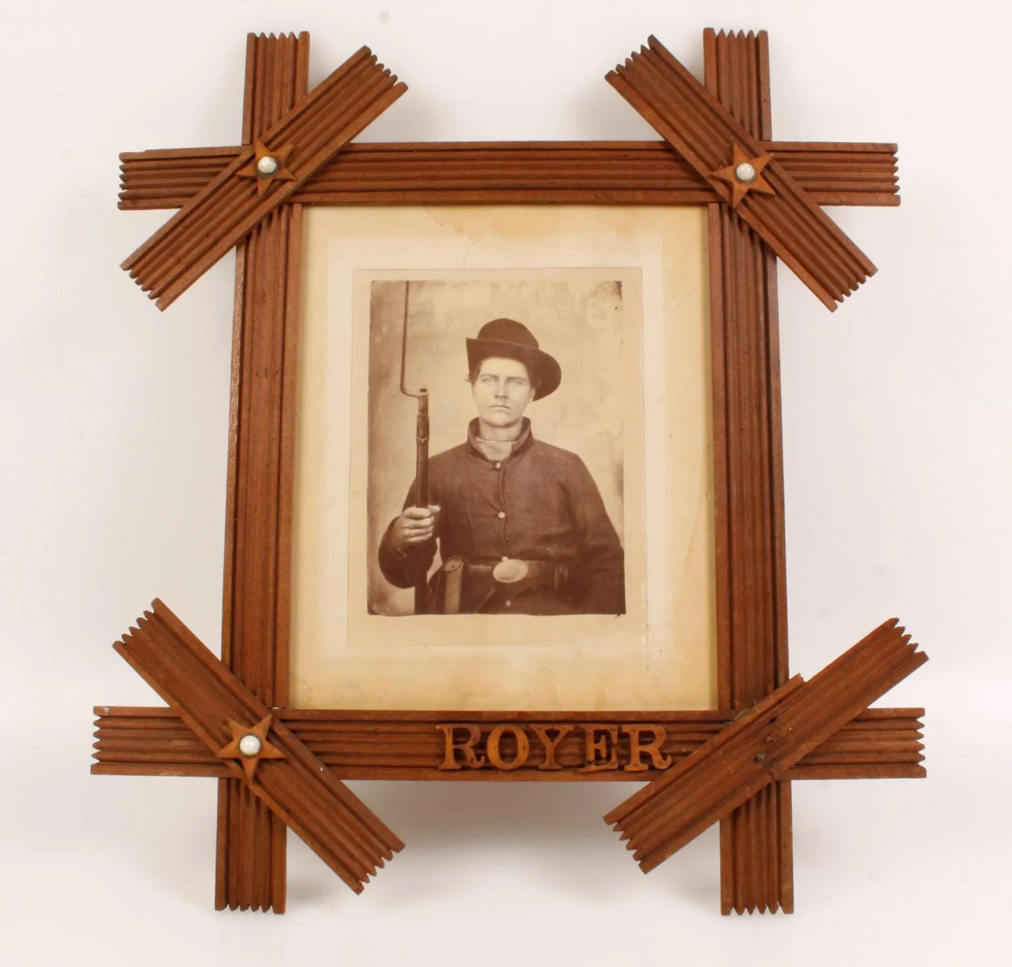 Vintage Civil War Soldier with Bayonet Albumen Print in Stylized Frame