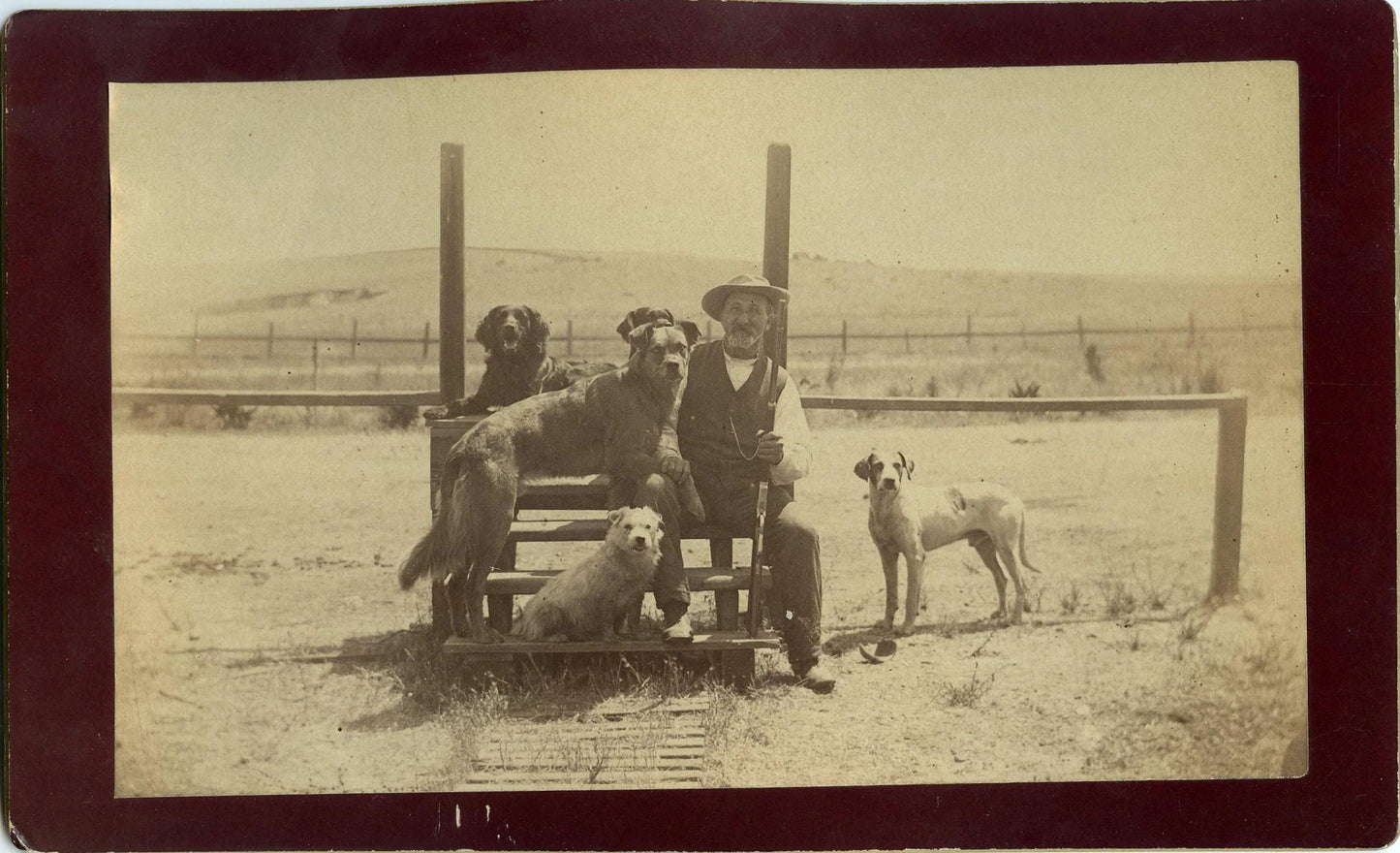 Vintage Photo Hunter on Ranch with 5 Dogs