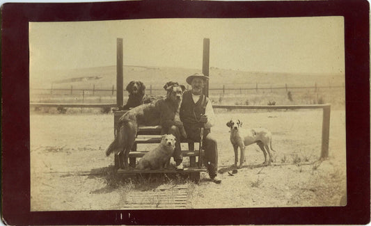 Vintage Photo Hunter on Ranch with 5 Dogs