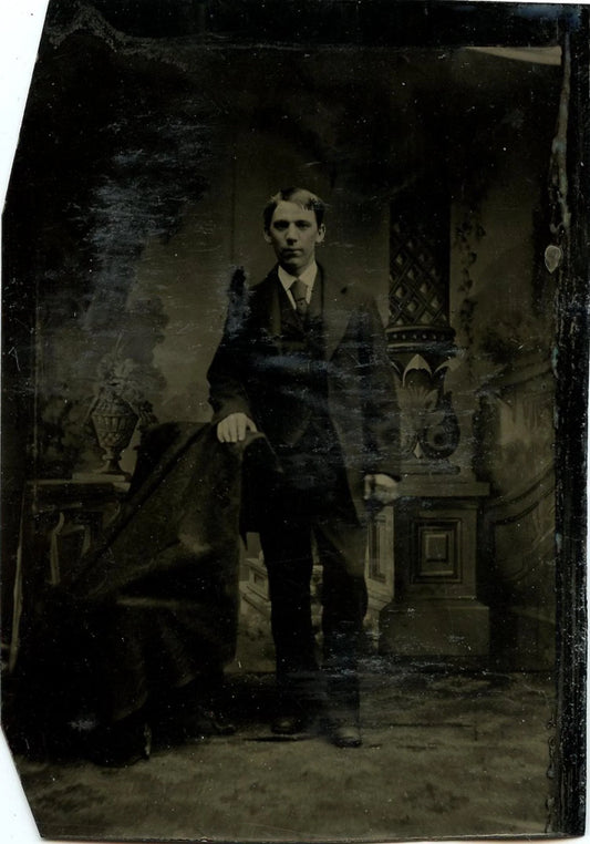 Vintage Tintype Photograph: Well-Dressed Young Man, Painted Backdrop