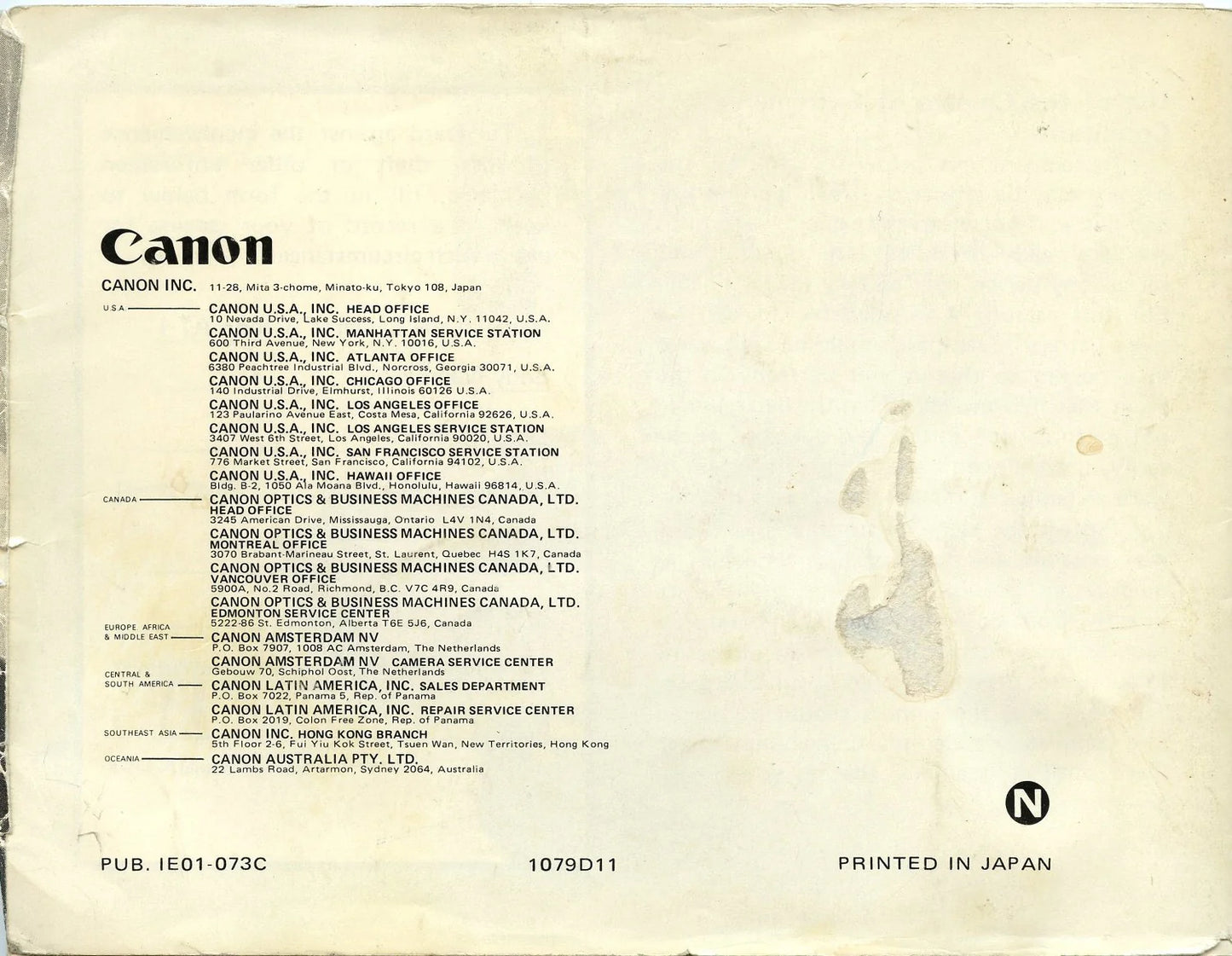 Original Manual for Canon AT-1 Camera