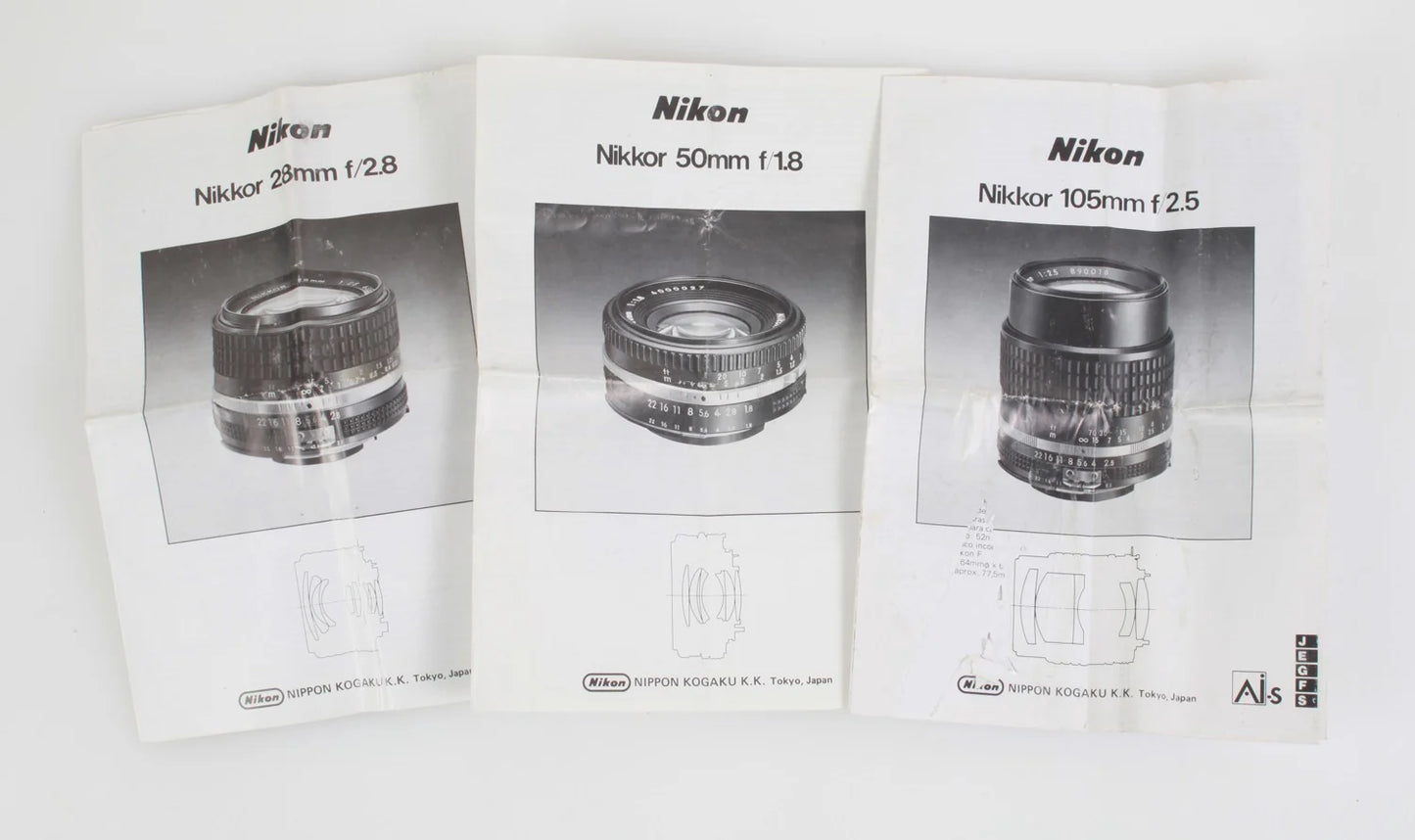 Set of 3 Vintage Nikon Lens Manuals Nikkor 28mm, 50mm, and 105mm