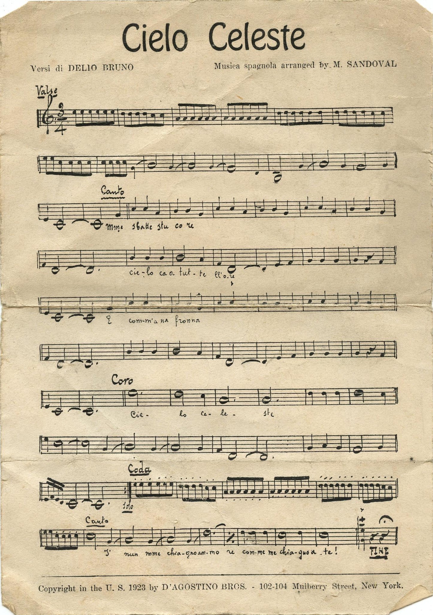 Vintage 1923 Italian Sheet Music Cielo Celeste
