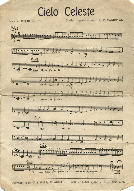 Vintage 1923 Italian Sheet Music Cielo Celeste