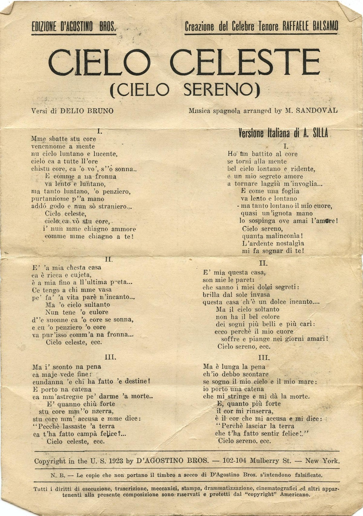Vintage 1923 Italian Sheet Music Cielo Celeste