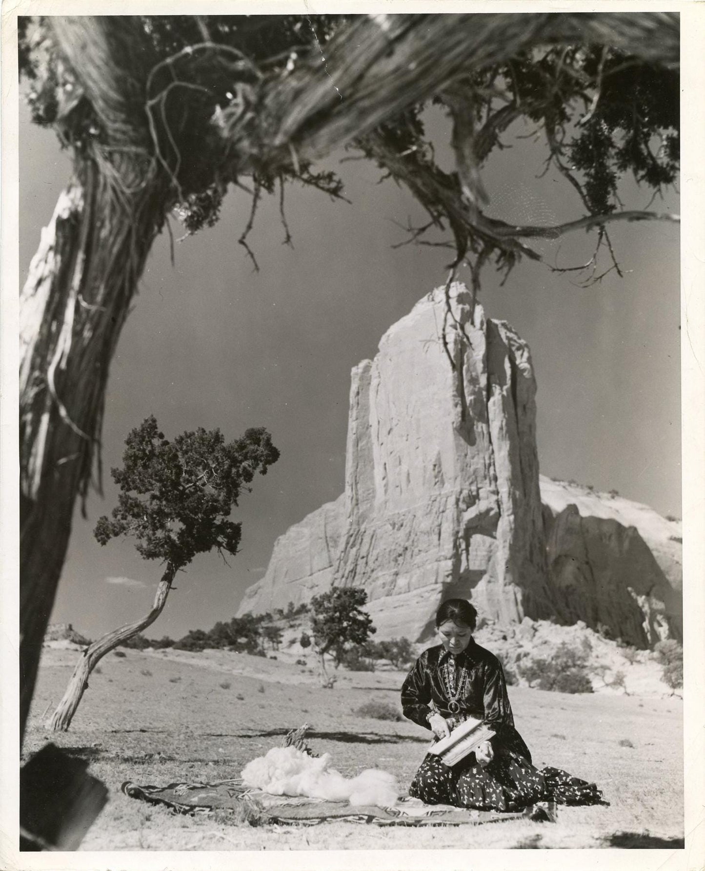 Vintage 1943 Silver Photo Navajo Weaver Carding Wool