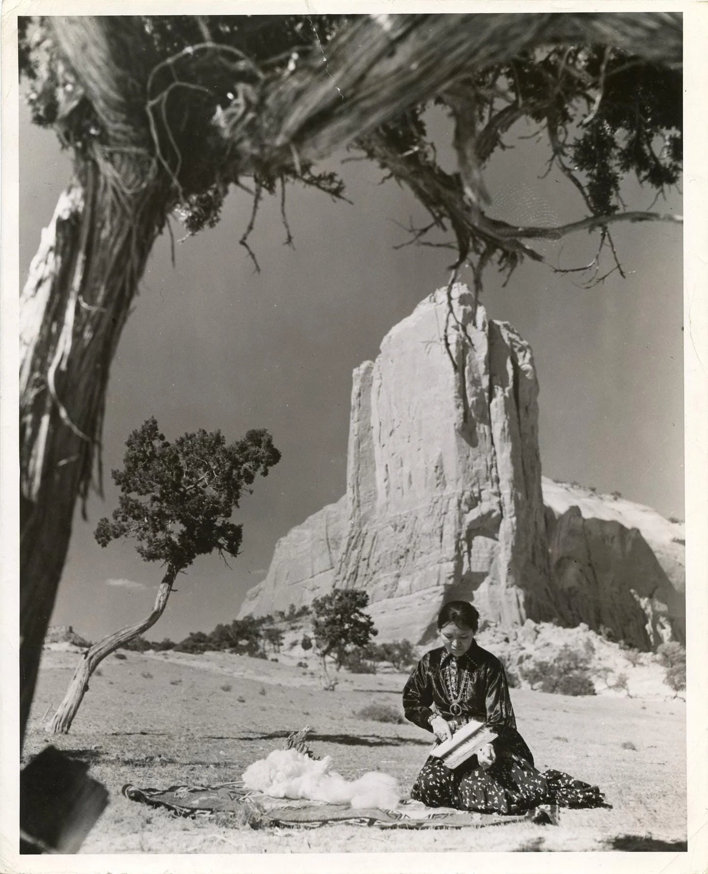Vintage 1943 Silver Photo Navajo Weaver Carding Wool