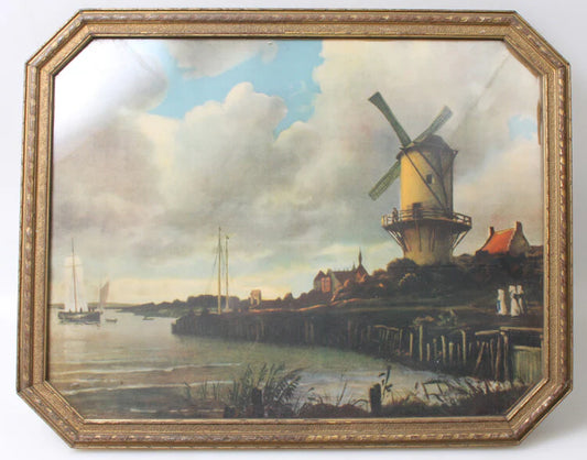 13X17 VINTAGE PRINT OF DUTCH WINDMILL   SHIP IN OCTAGON FRAME