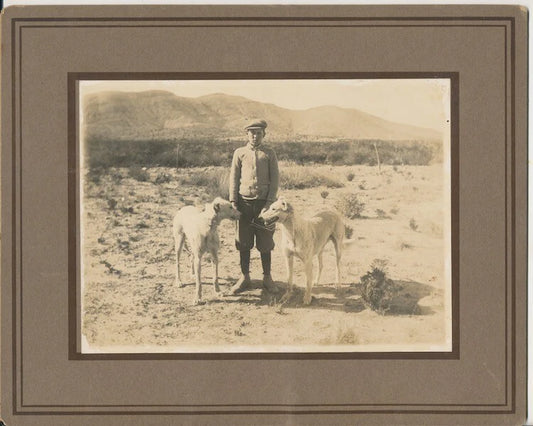 1915 PHOTO OF BOY IN DESERT W/ BEAUTIFUL DOGS - SIERRA BLANCA, TEXAS