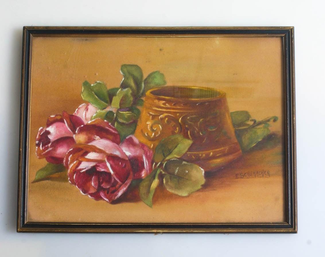 Vintage Pastel Oil Painting, Pink Roses, Signed E. Schumacher