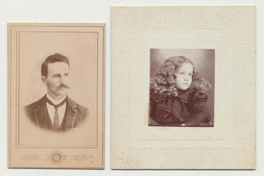 2 Photographs. Man w/ Large Mustache. Copy Print. Girl w/ Big Hair. Silver Print