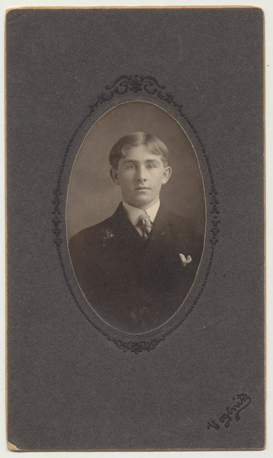 Boy in School Uniform w/ Center Parted Hair. Mounted Silver Print.