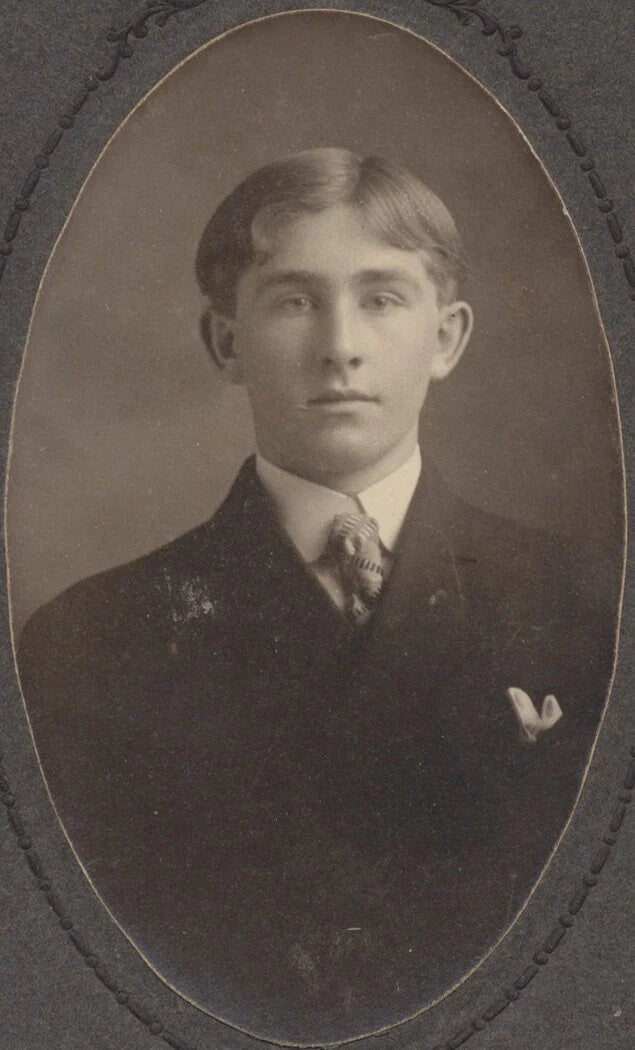Boy in School Uniform w/ Center Parted Hair. Mounted Silver Print.