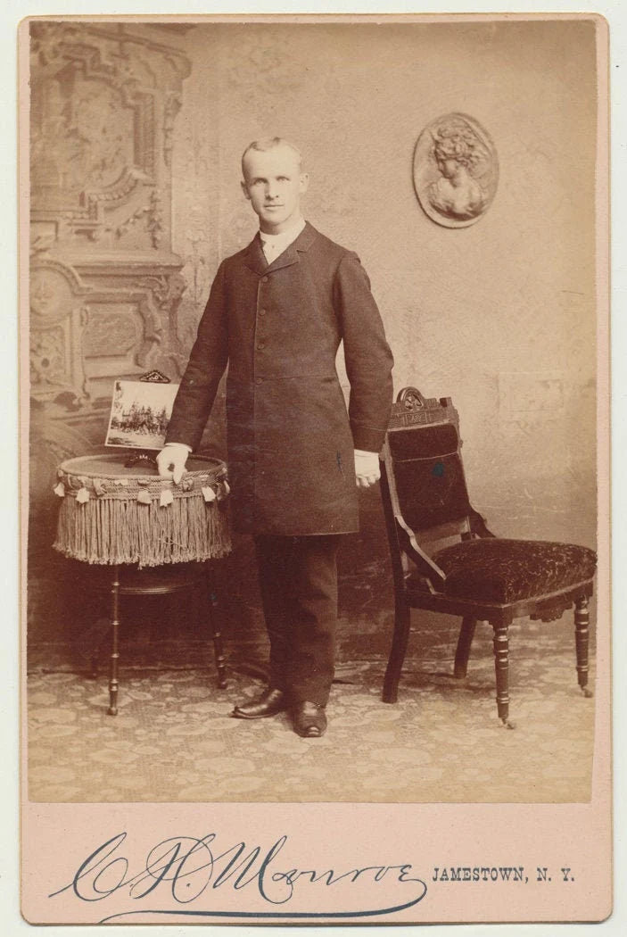 Man w/ Jacket Buttoned All the Way Up. Cabinet Card. Jamestown New York.