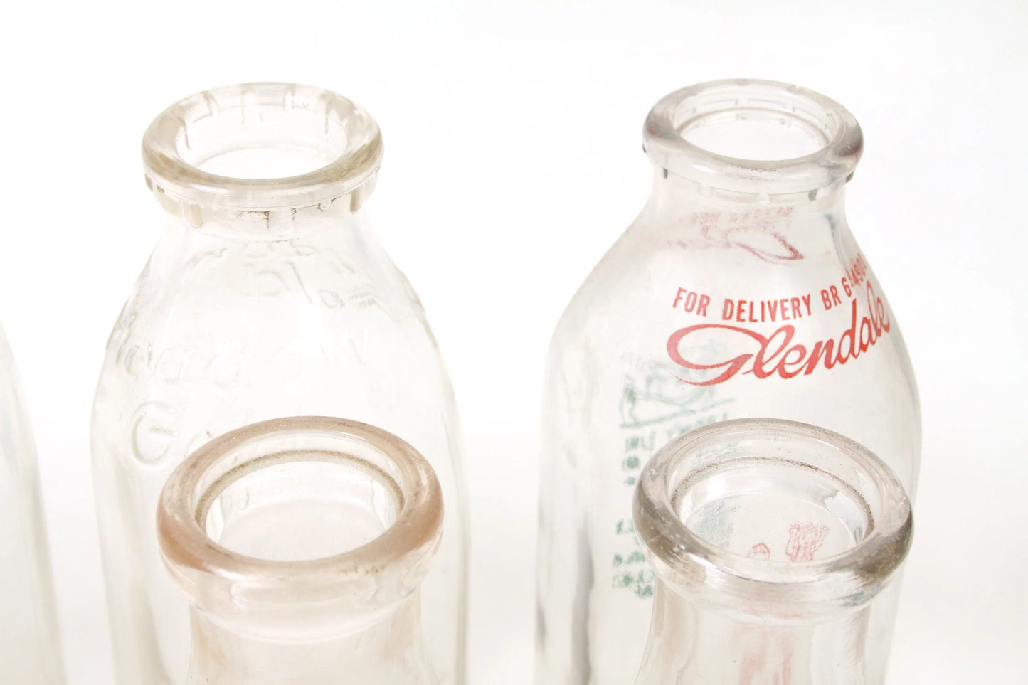 Glass Milk Bottles in Rack (8) Glendale Meadow and Allegheny Rieck + More