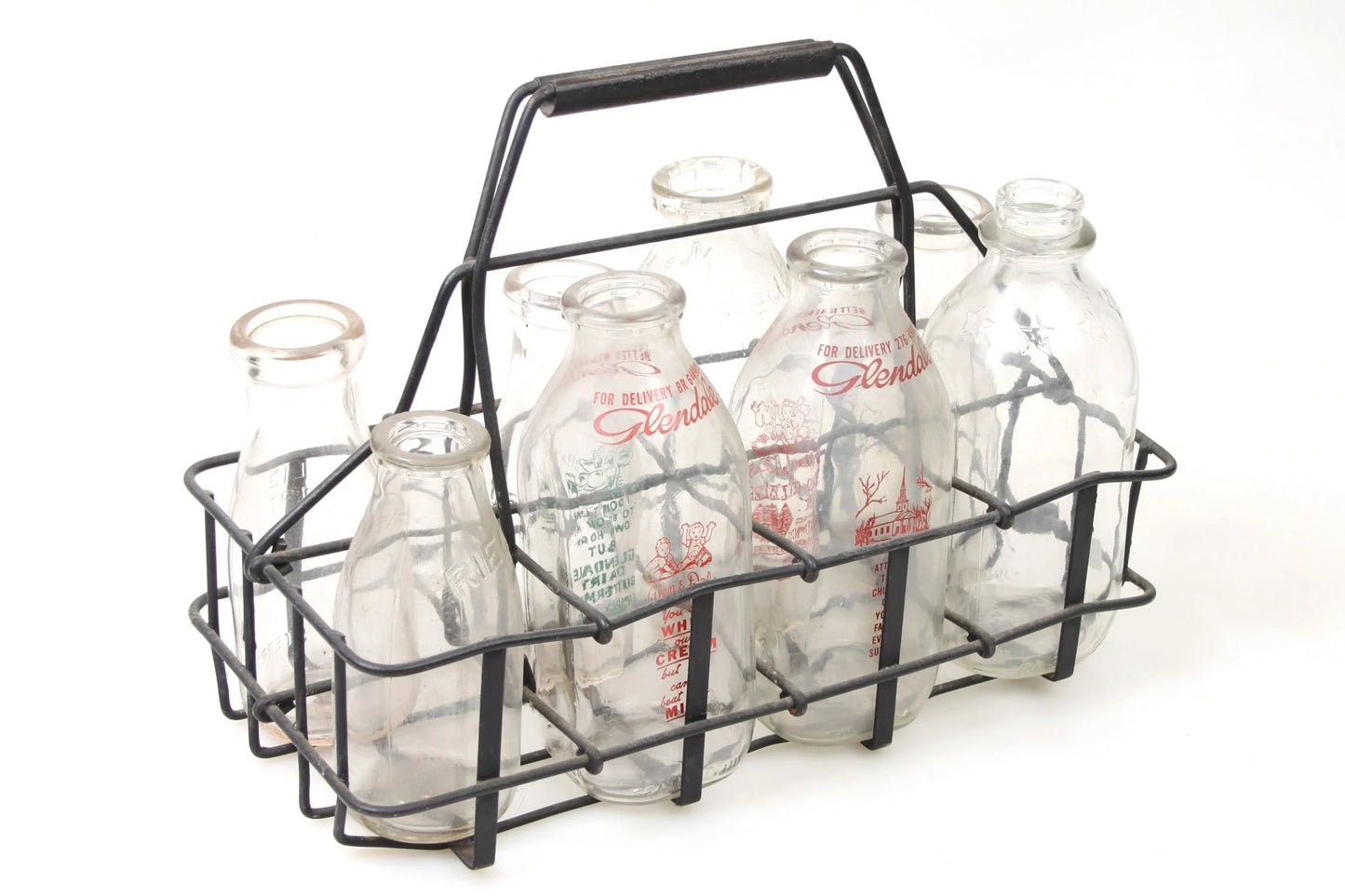Glass Milk Bottles in Rack (8) Glendale Meadow and Allegheny Rieck + More