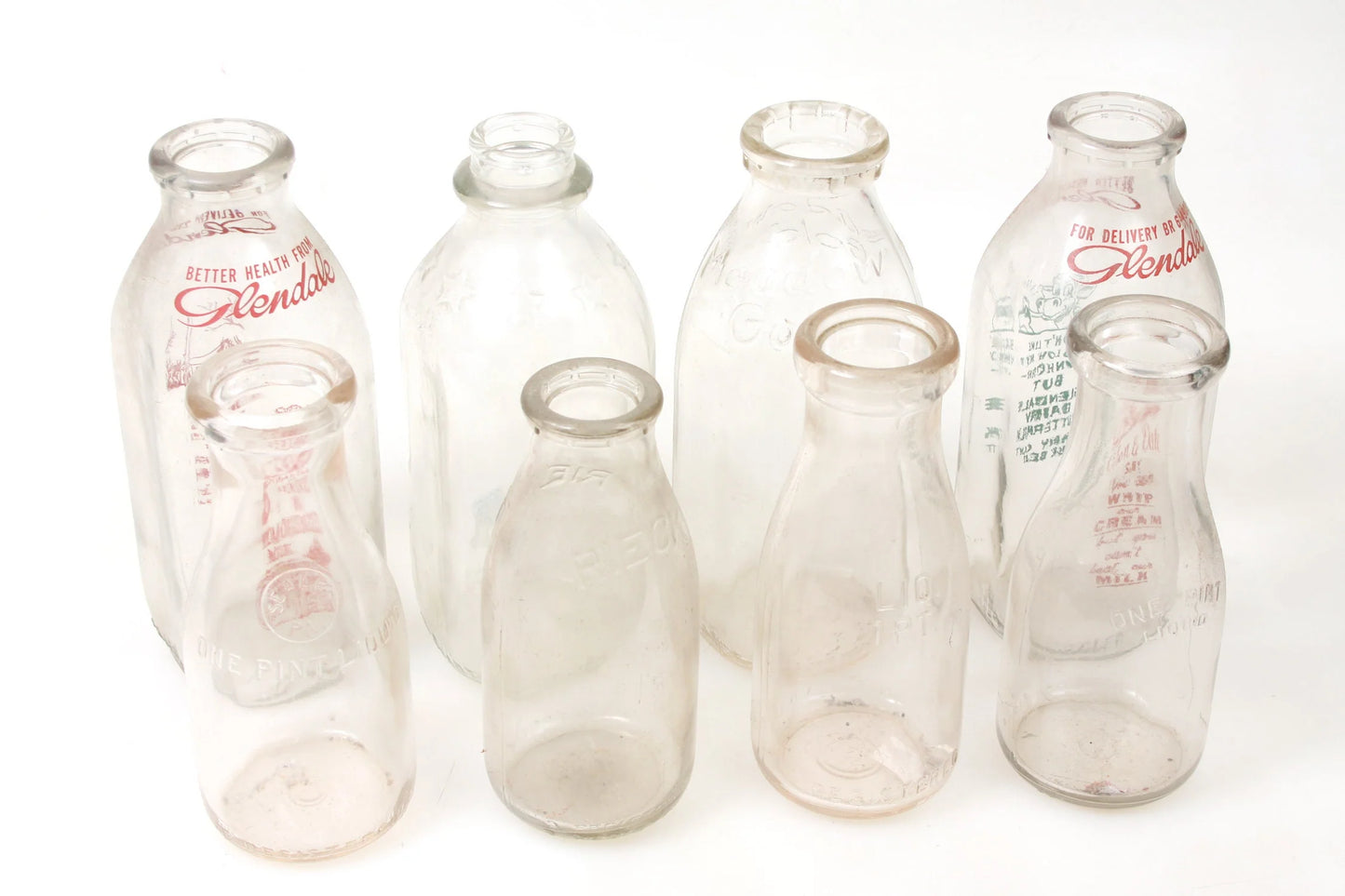 Glass Milk Bottles in Rack (8) Glendale Meadow and Allegheny Rieck + More