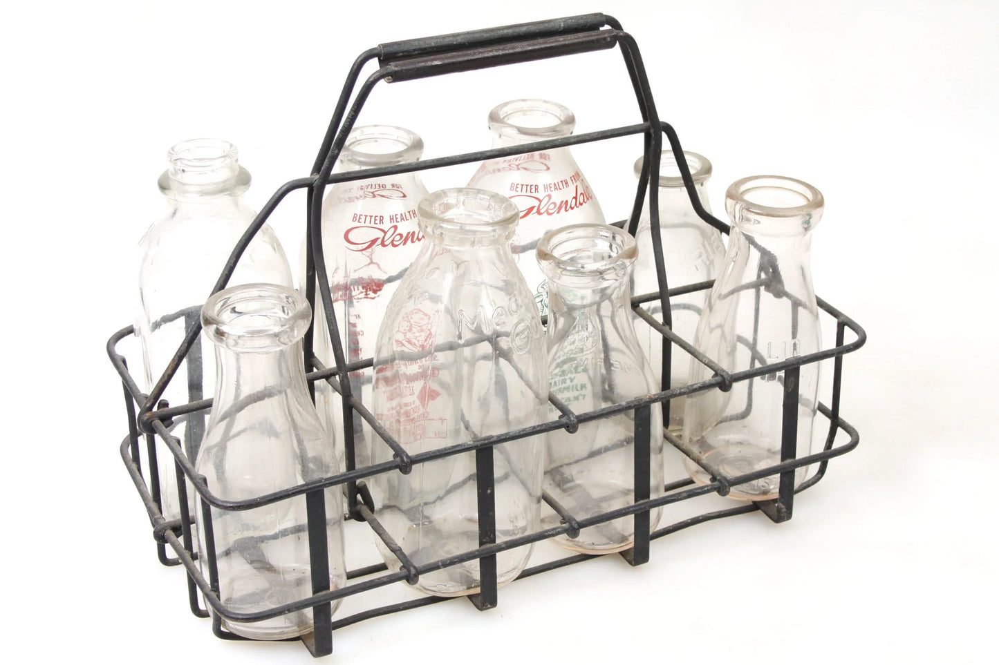 Glass Milk Bottles in Rack (8) Glendale Meadow and Allegheny Rieck + More