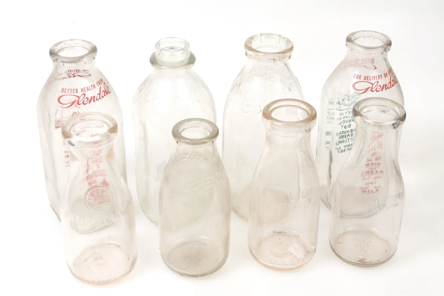 Glass Milk Bottles in Rack (8) Glendale Meadow and Allegheny Rieck + More