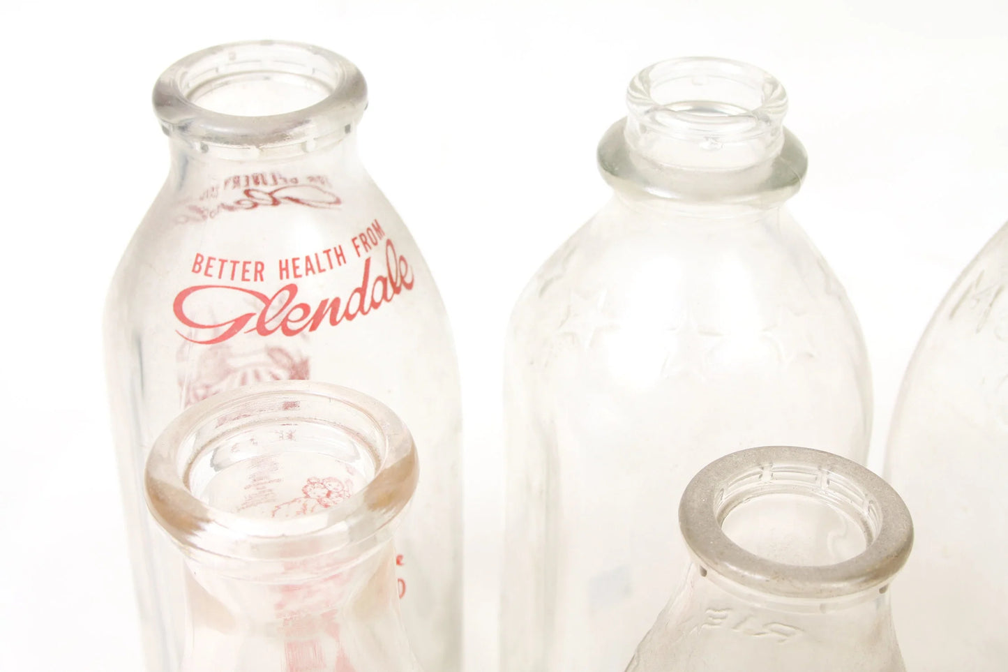Glass Milk Bottles in Rack (8) Glendale Meadow and Allegheny Rieck + More