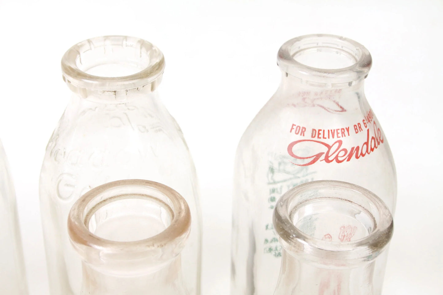 Glass Milk Bottles in Rack (8) Glendale Meadow and Allegheny Rieck + More