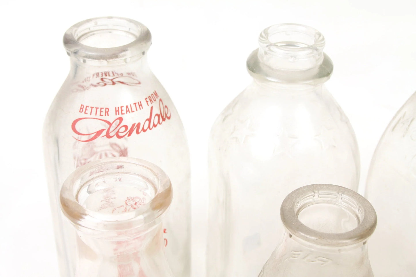 Glass Milk Bottles in Rack (8) Glendale Meadow and Allegheny Rieck + More