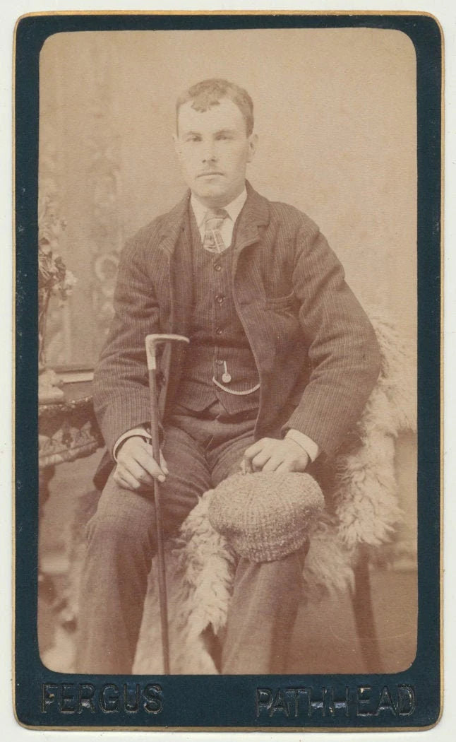 Well Dressed Scottish Man w/ Cane and Wool Cap. CDV. Pathhead, Scotland.