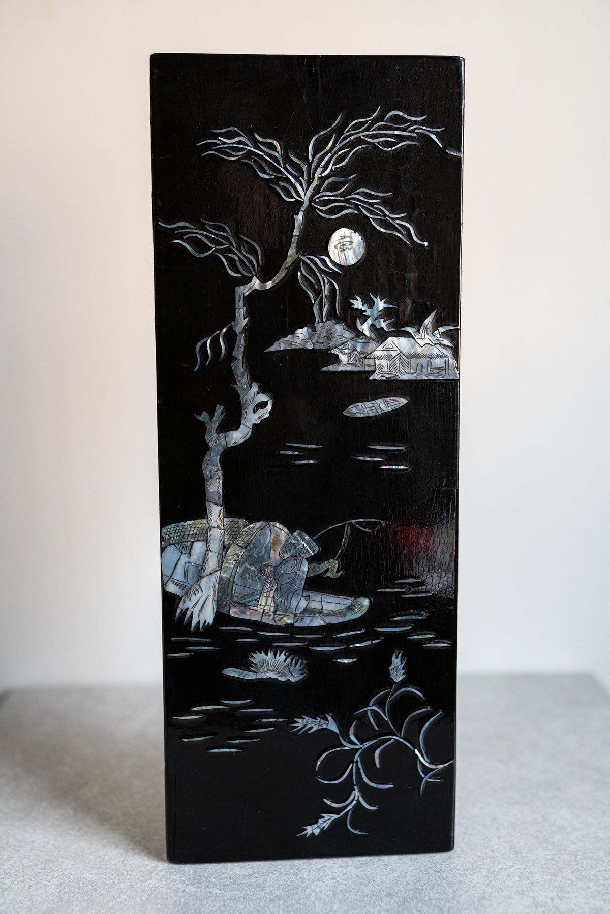 Laquered Board w/ Inlaid Mother of Pearl Fishing Scene