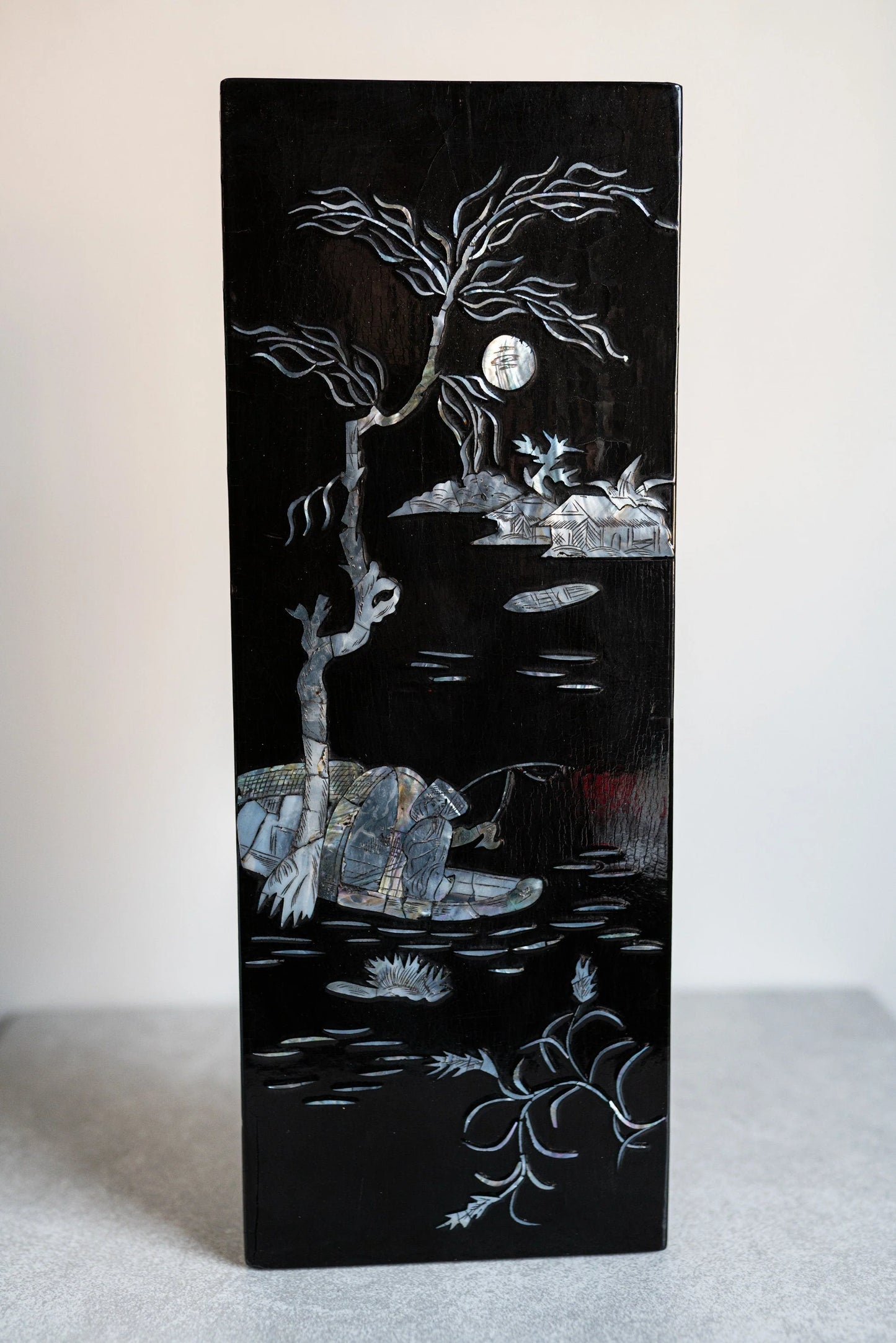 Laquered Board w/ Inlaid Mother of Pearl Fishing Scene