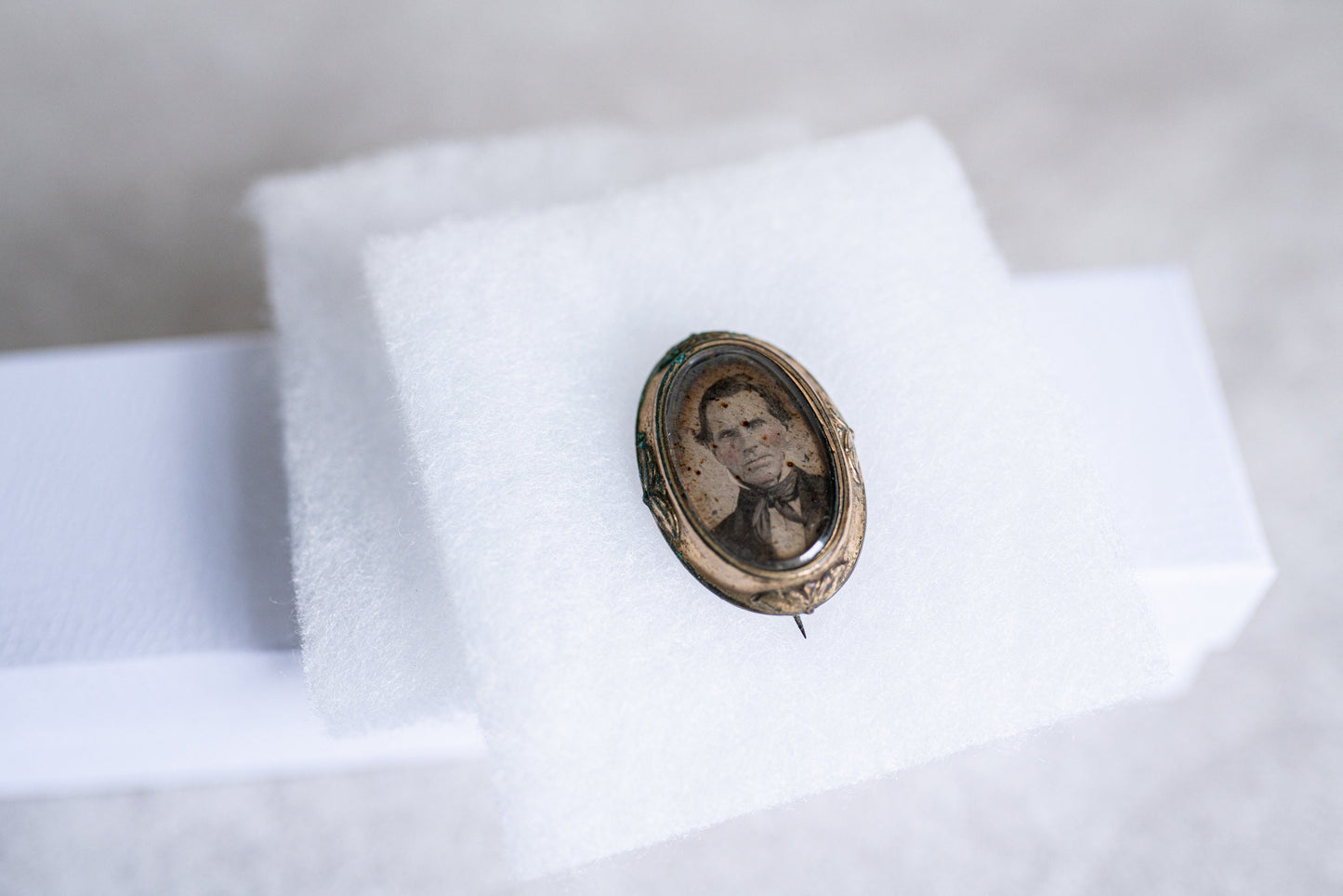 Antique Photo Pin, Stoic Man Portrait with Hand-Painted Blush