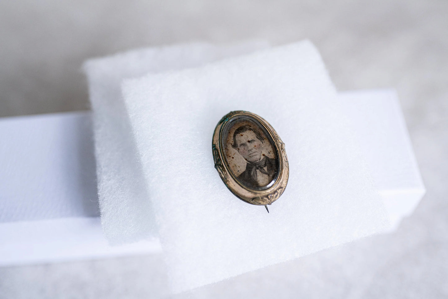Antique Photo Pin 1 1/2 x 1 1/8 w/ Photo of Stoic Man w/ Hand Painted Blush