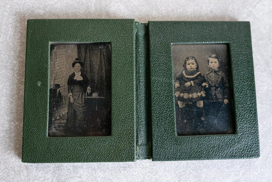 Two Tintypes w/ Some Hand Tint in Small Green Leather Portfolio Album
