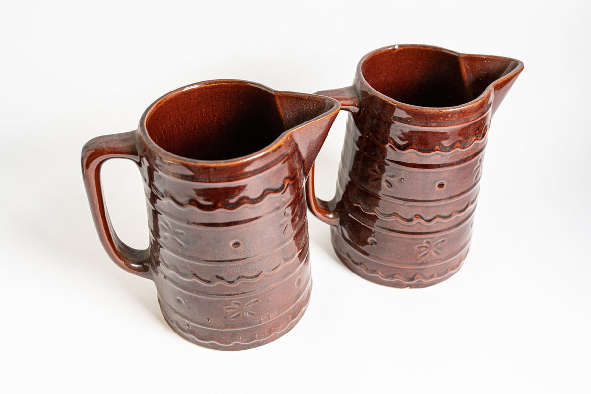 Brown Daisy Flower 1950s Marcrest Oven Proof Stoneware Pitchers - Set of 2