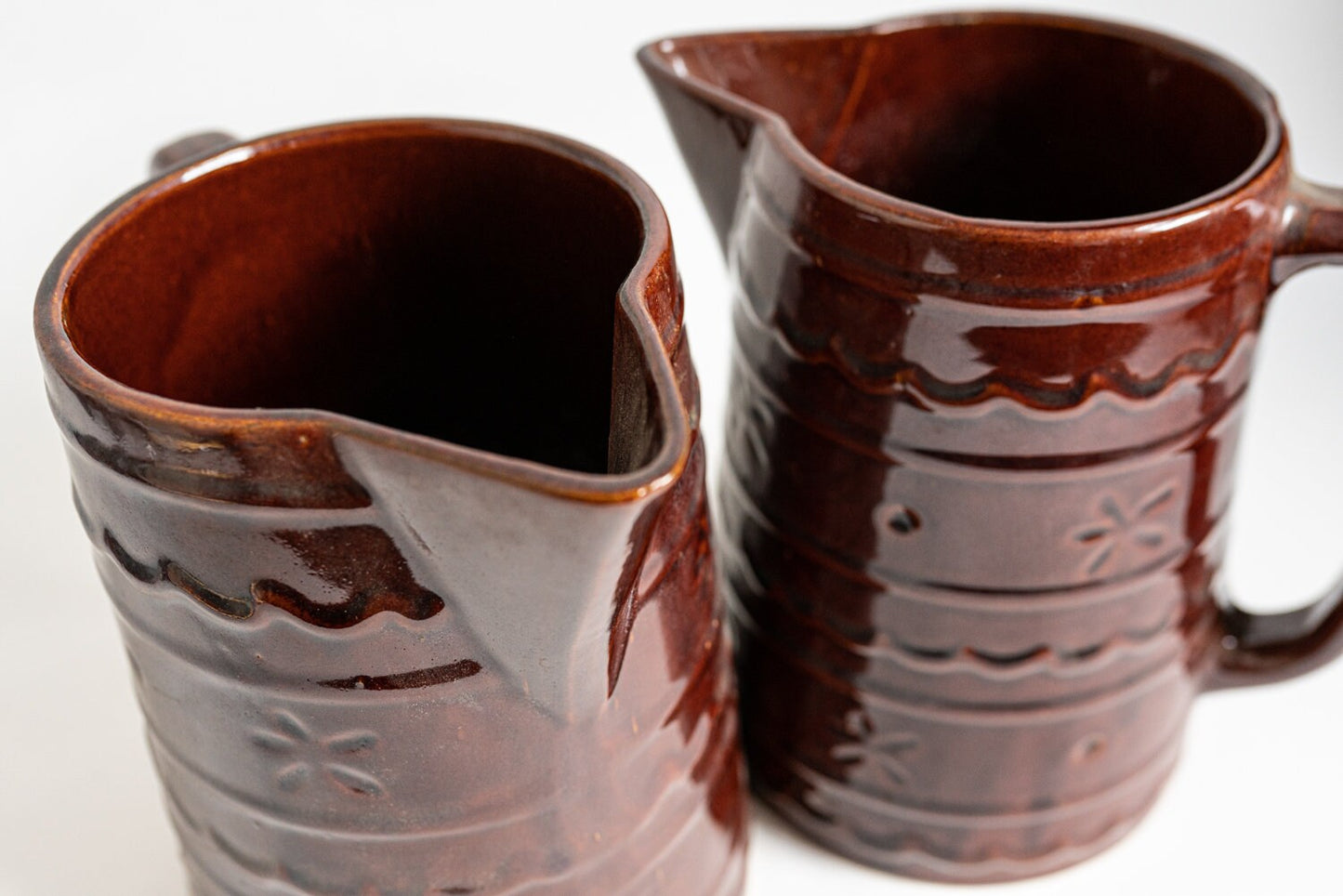 Brown Daisy Flower 1950s Marcrest Oven Proof Stoneware Pitchers - Set of 2