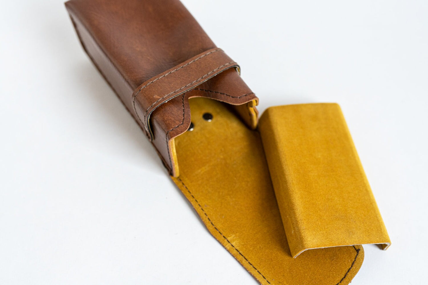 Vintage Brown Accessory / Flash Case - Mustard Yellow Velvet Interior!