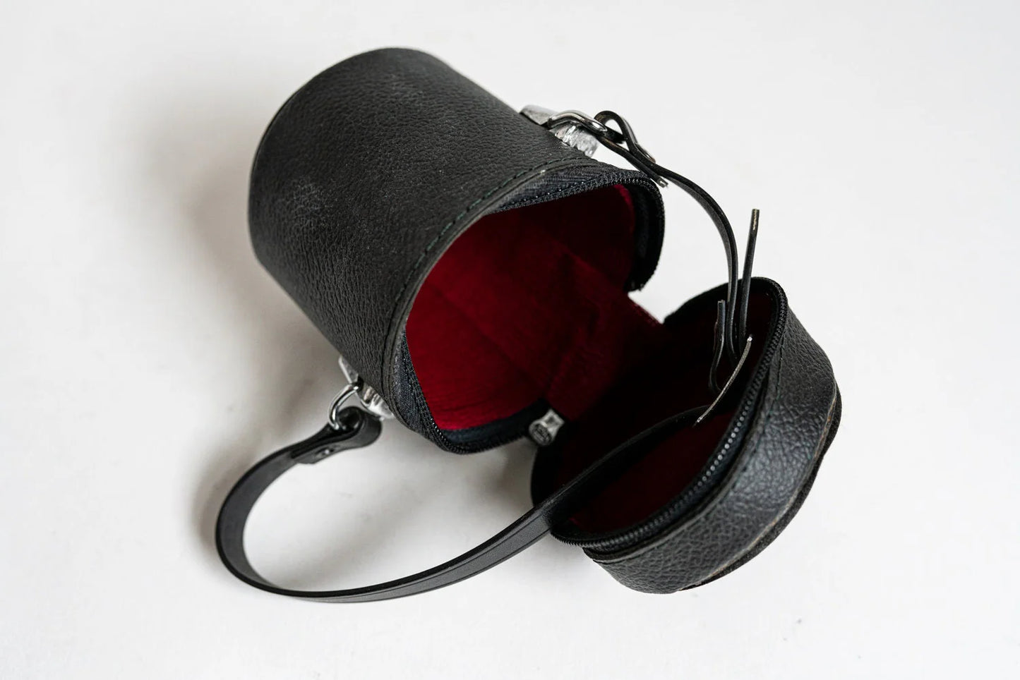 Vintage Black Leather Camera Lens / Accessory Case w/ Strap