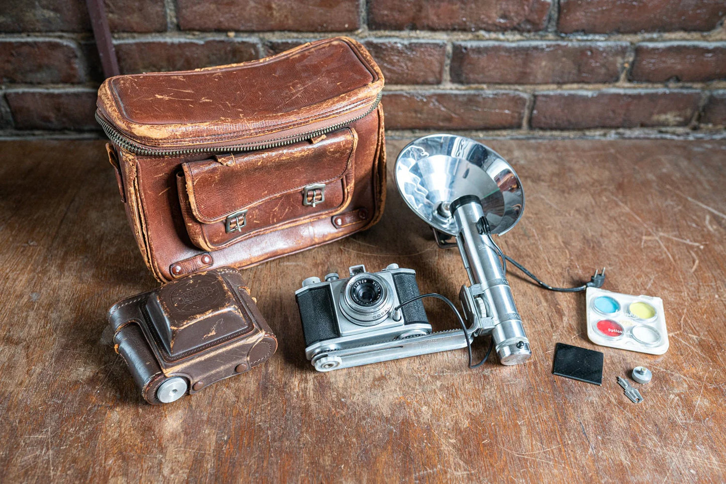 Olympus 35 Camera Outfit for Parts, Prop, or Display - Comes w/ Flash, Case, Bag
