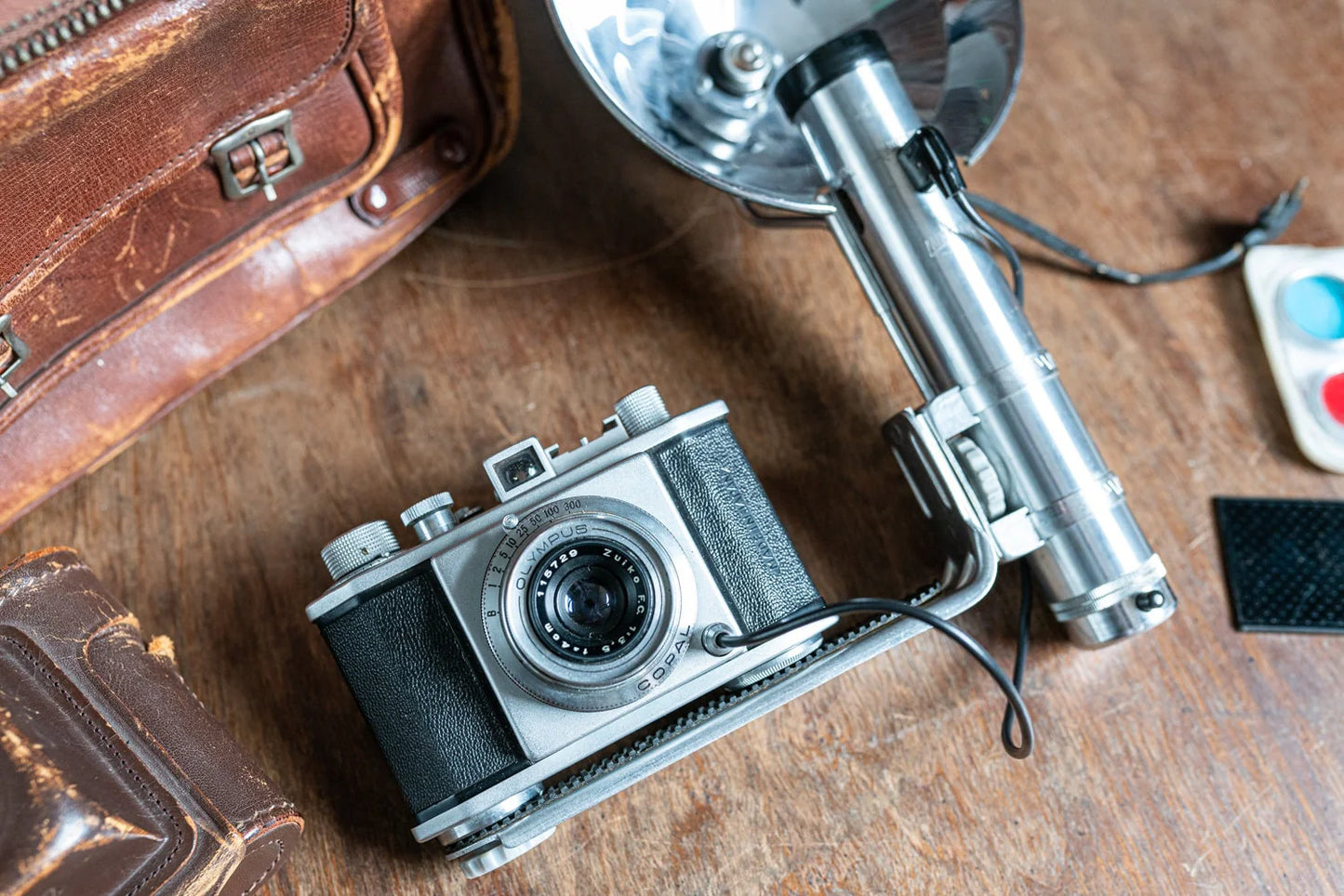 Olympus 35 Camera Outfit for Parts, Prop, or Display - Comes w/ Flash, Case, Bag