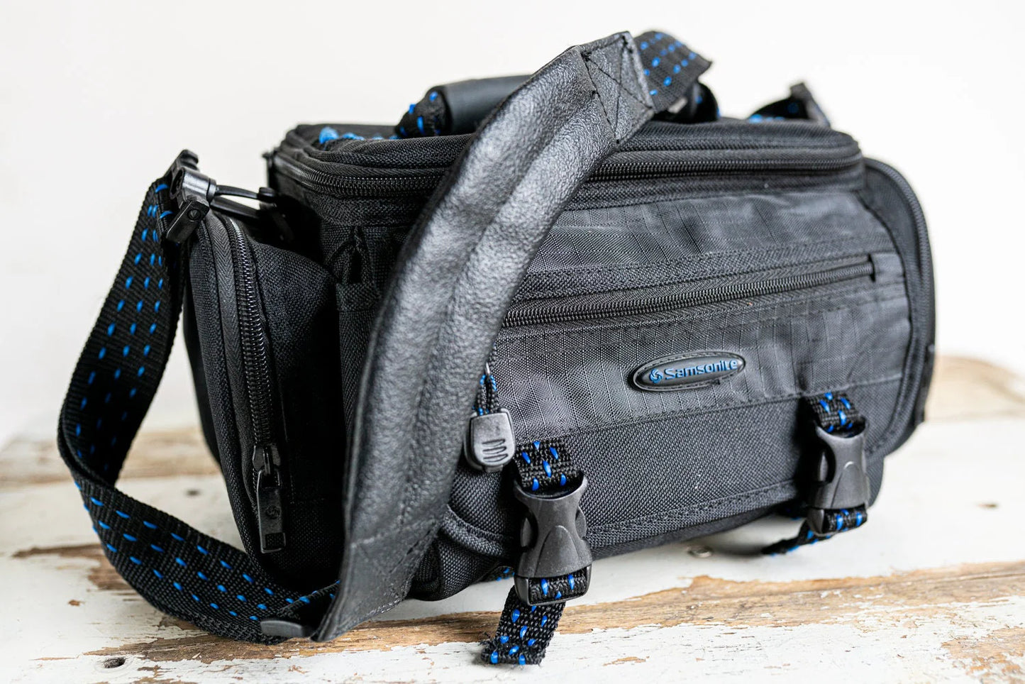 Vintage Black Samsonite Camera Bag w/ Blue Dots and Strap